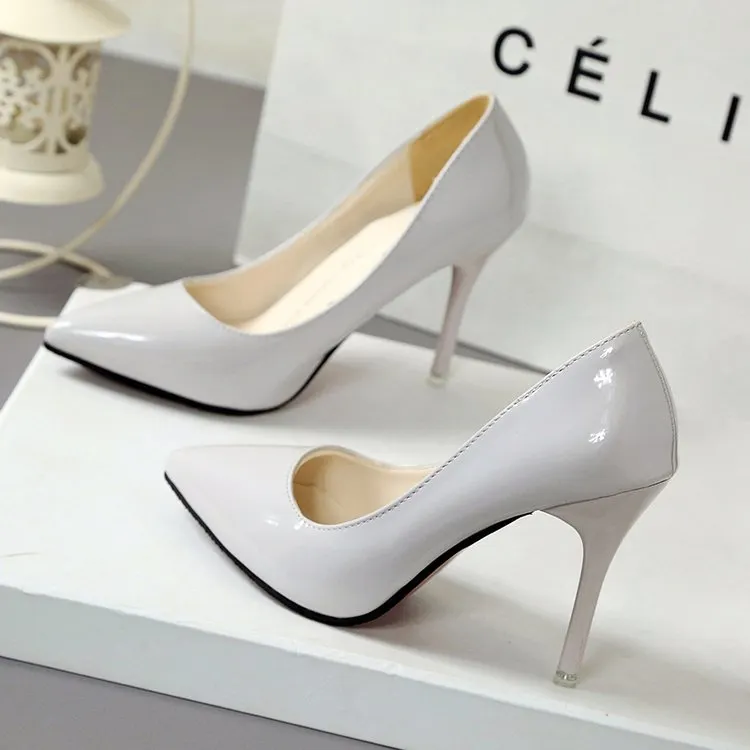 Women Shoes Pointed Toe Pumps Patent Leather Dress High Heels Boat Shoes Wedding Shoes Zapatos Mujer White Blue Red