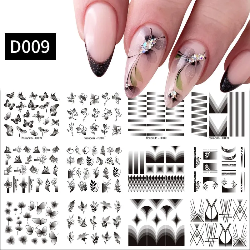 12pcs Geometric Lines Nail Sliders Water Sticker Set Flowers Leaves Design Watercolor Ink DIY Manicures Nail Art Decals Foil