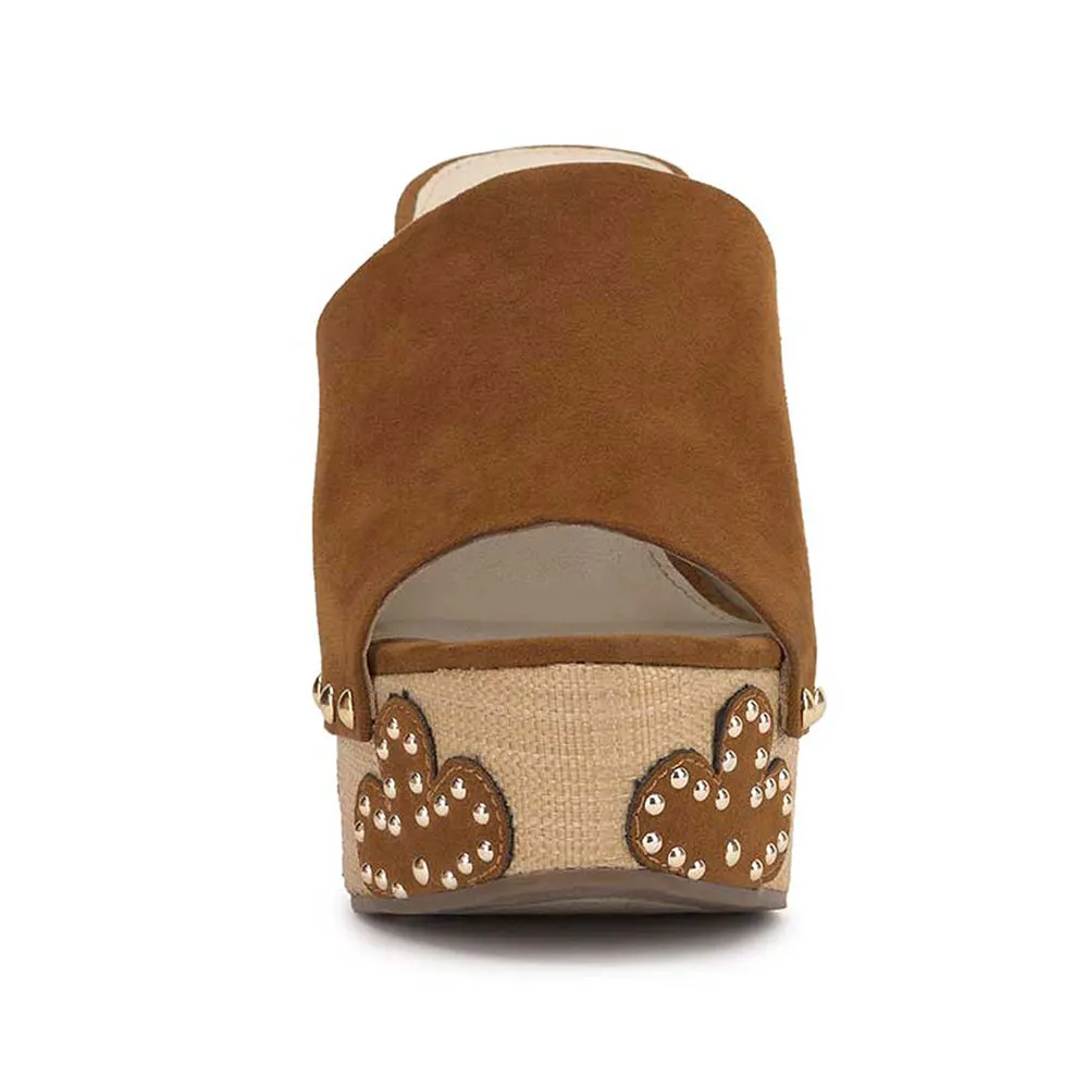 Brown Vegan Suede Open-Toe Studded Chunky Heel Floral Platform Mules