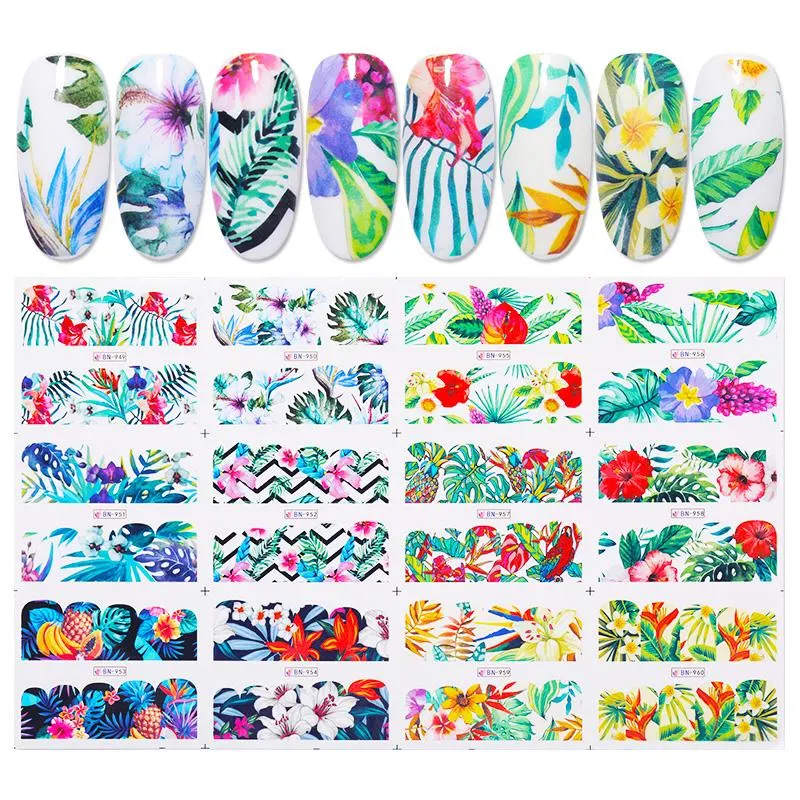 12Pcs Flower Leaf Geometric Lines Water Decals Spring Floral Butterfly Transfer Sliders Paper For Nails Decoration Manicures