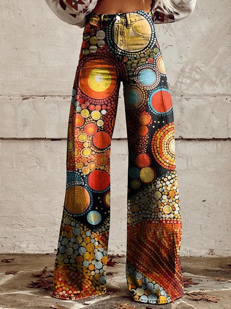 Women's Colorful Dots Print Casual Wide Leg Pants