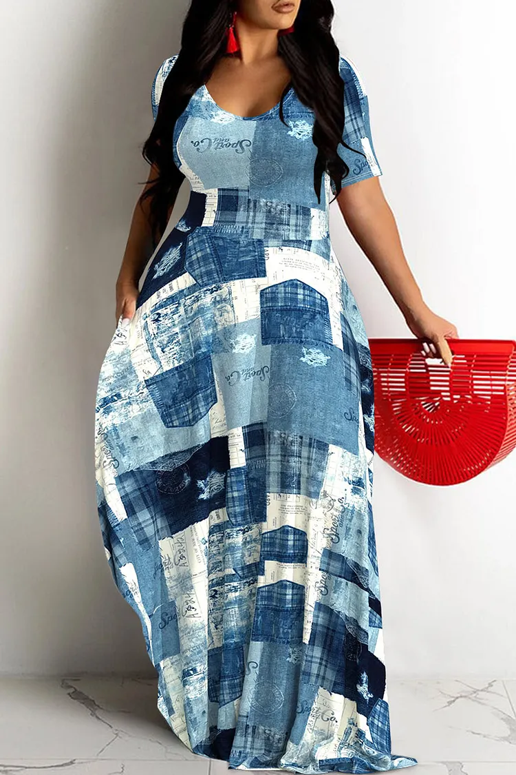 Plus Size Blue Casual Denim Print U Neck Short Sleeve Maxi Dresses 2024 - Xpluswear