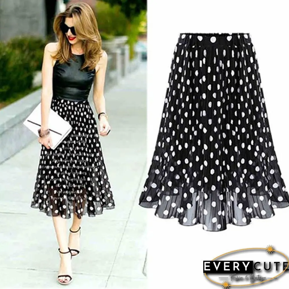 Black White Women's Tulle Polka Dot Chiffon Pleated Skirt Summer Skirts Womens Plus Size Harajuku Korean Midi Flared Skirt Women