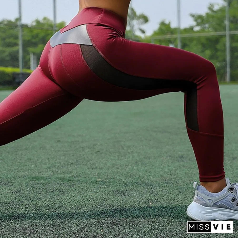 Fashion Women's Stretchy Mesh & Leather Patchwork High Waist Tummy Control Sport Yoga Running Pants GYM Fitness Leggings