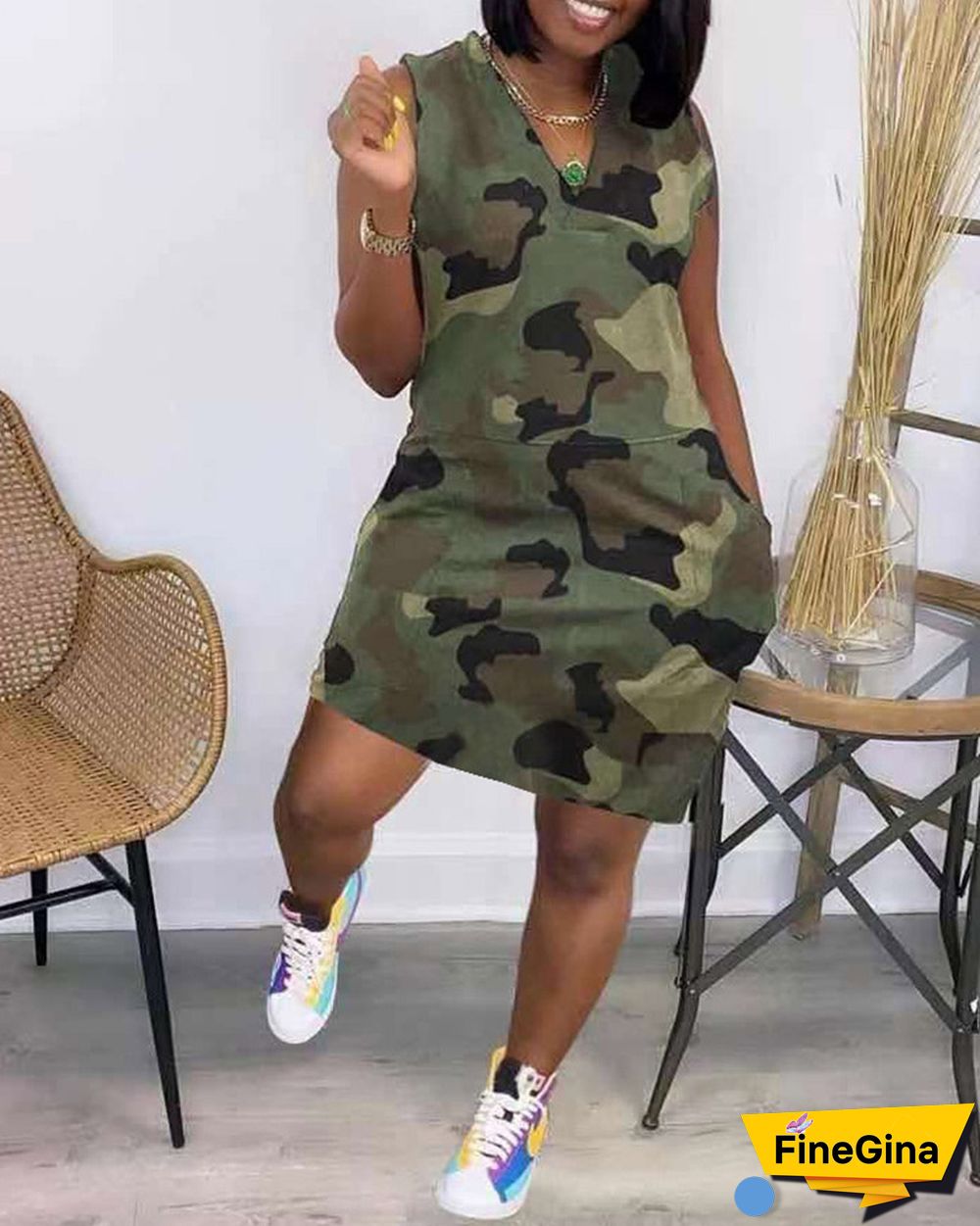 Sleeveless Camouflage Print Pocket Design Dress