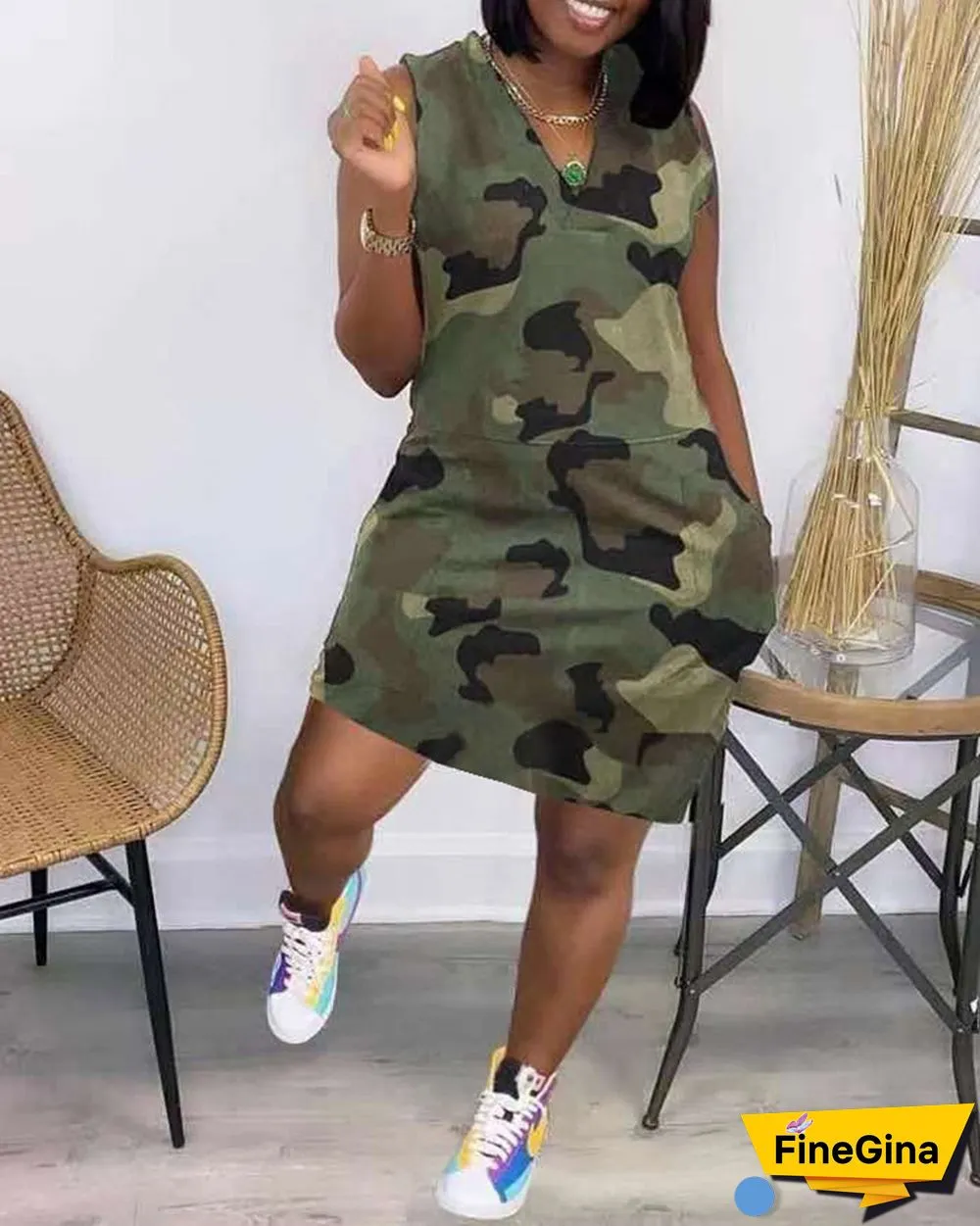 Sleeveless Camouflage Print Pocket Design Dress