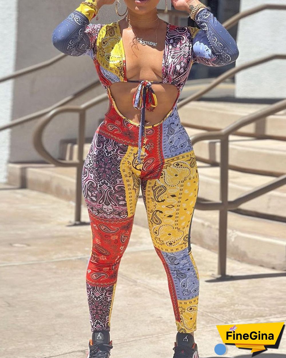 Paisley Print Tie Front Cut-Out Pencil Jumpsuit