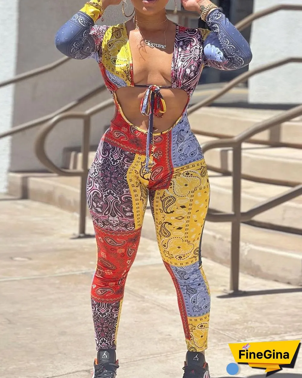 Paisley Print Tie Front Cut-Out Pencil Jumpsuit