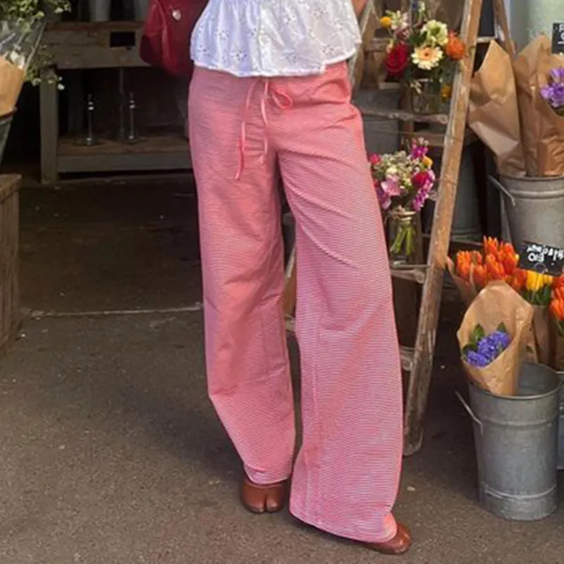 Nigikala Nigikala Wind Stripe Knitting Bump Color Casual Pants Female Low Waist Loose Straight Tube Contracted Base Trousers