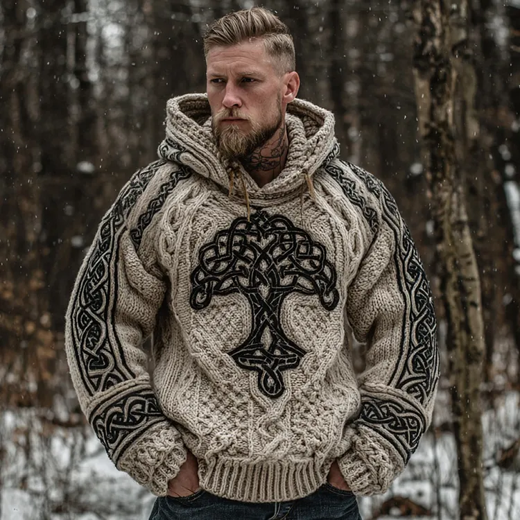 Men's Viking Tree Of Life Art Celtic Knot Jacquard Knitted Hooded Sweater