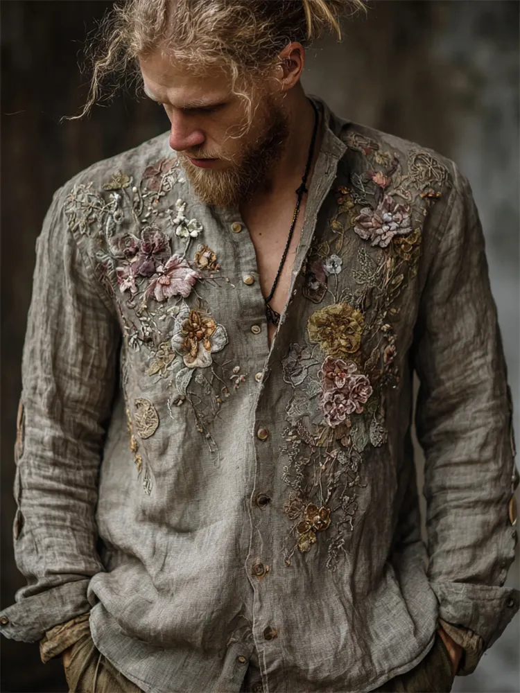 Men's Vintage Floral Beaded Embroidered Linen Shirt