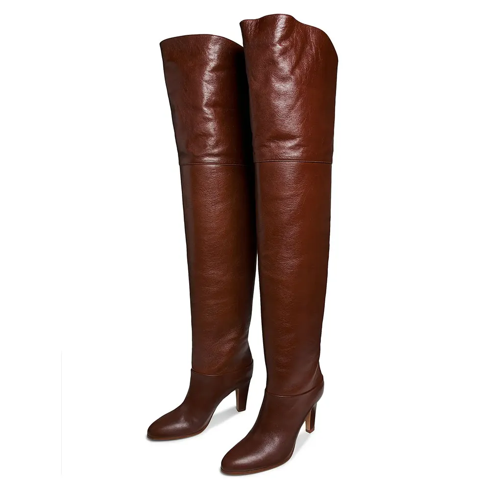 Brown Vegan Leather Chunky Heel Back Lace Detail Thigh High Boots