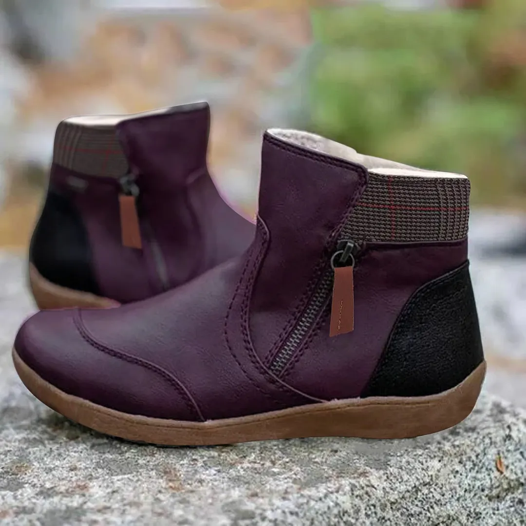 Women's Boots Plus Size Ladies Autumn Winter Vintage Splicing Round Toe Plus Velvet Zip Up Short Ankle Boots Warm Shoes Mujer