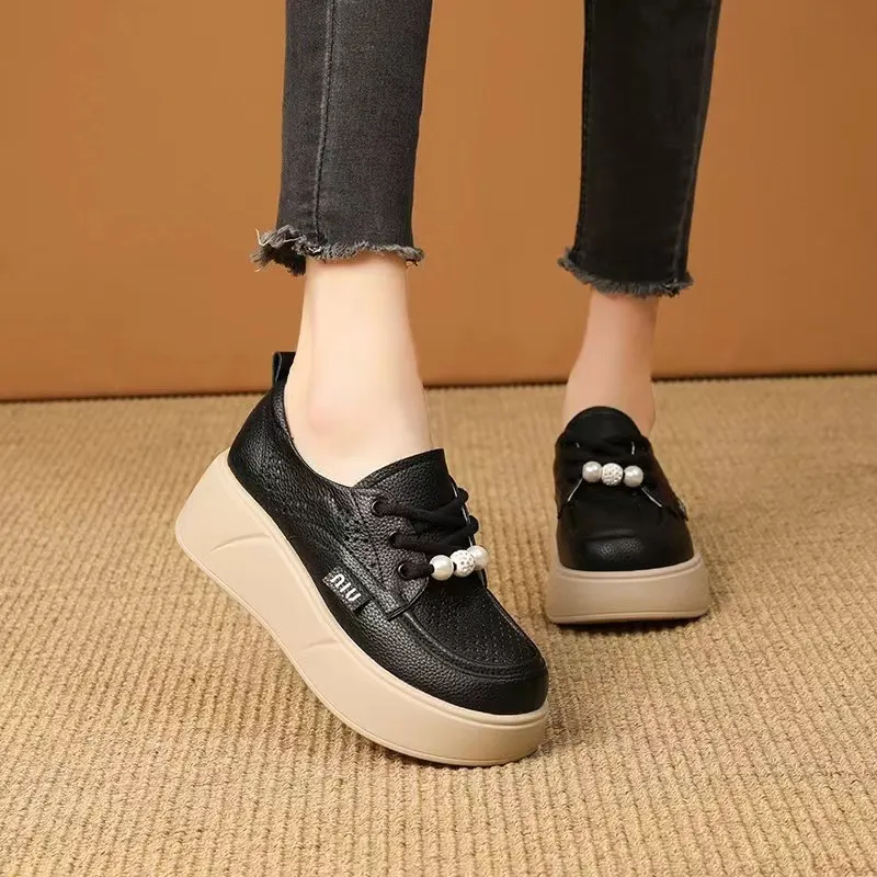Churchf Spring And Summer New Korean Version Fashion Round Head Deep Mouth Thick Front Lace Hole Casual Single Shoes Women