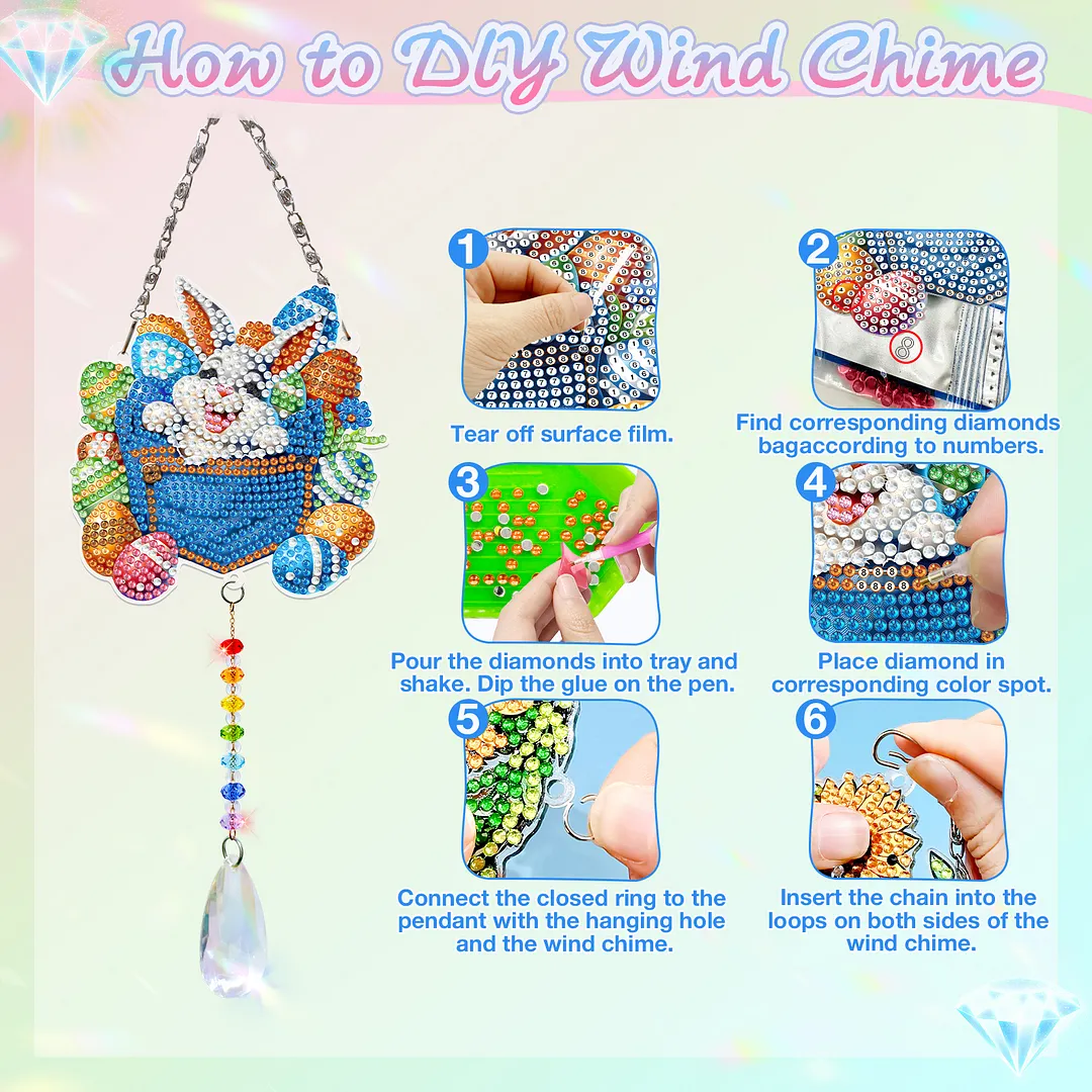 2Pcs Pocket Rabbit DIY Acrylic Diamond Painting Art Wind Chimes with Crystal Pendant Diamond Art Hanging Pendant Double-Sided for Adults Beginners Gift Home Garden Decor