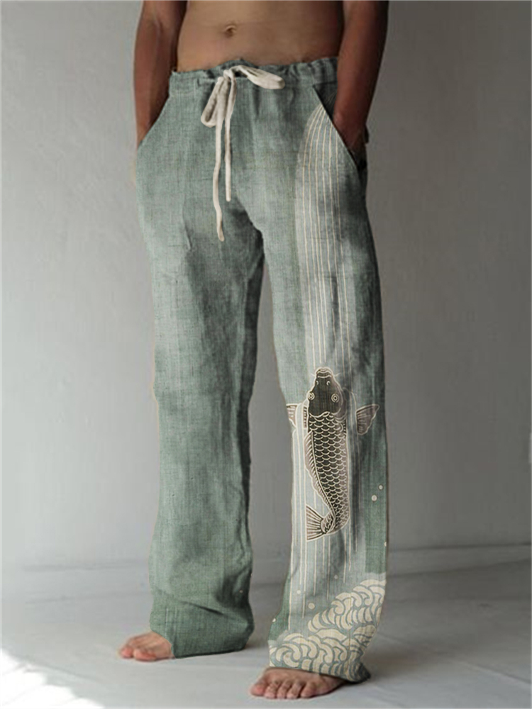 Upstream Carp Japanese Art Linen Blend Casual Pants  artssus