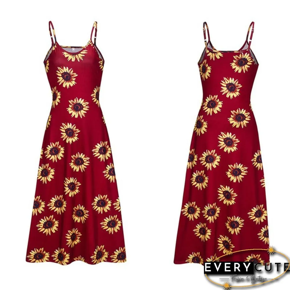 Women's Fashion Summer Sleeveless Floral Printing Sling Dress Deep V-Neck Slim Fit Big Swing Skirts Loose Casual Long Maxi Dresses Ladies Plus Size Party Dresses