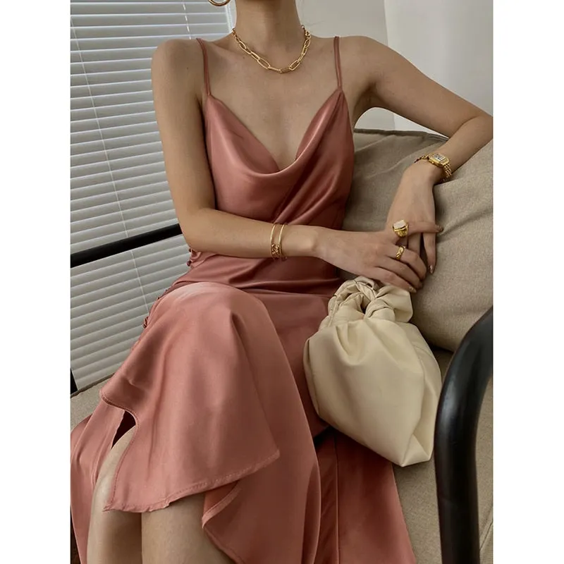 Ordifree 2022 Summer Vintage Women Satin Slip Dress with Slit Black Spaghetti Strap Silk Sexy Long Party Dress