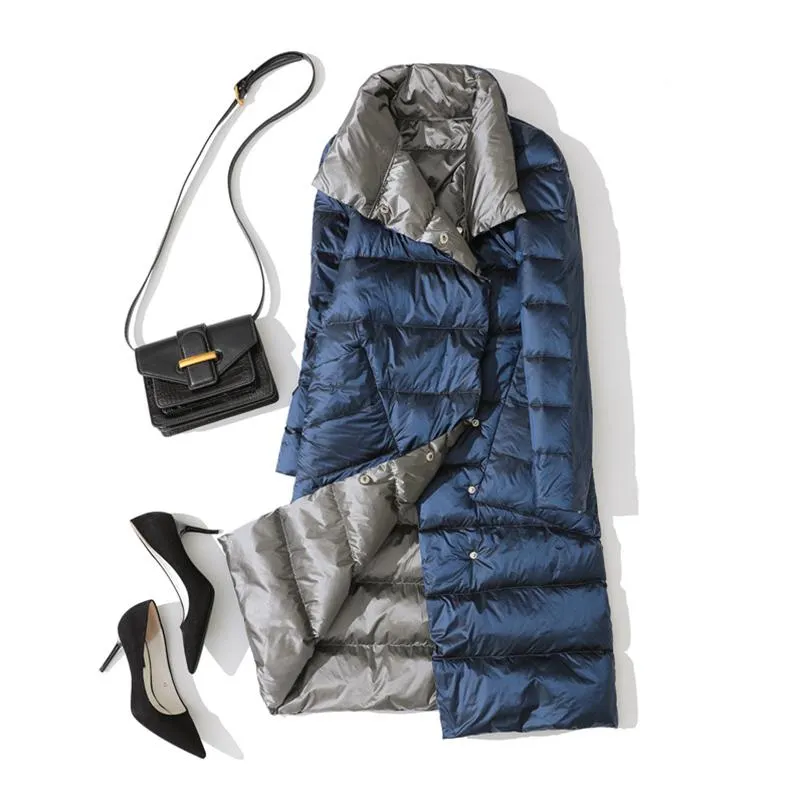 FTLZZ Ultra Light Long Jacket Women Winter Double Sided Slim White Duck Down Coat Single Breasted Turtleneck Warm Parkas