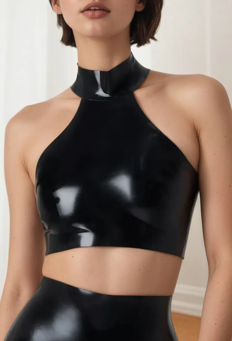 Women Latex Tops Choker Collar Black Halter Neck