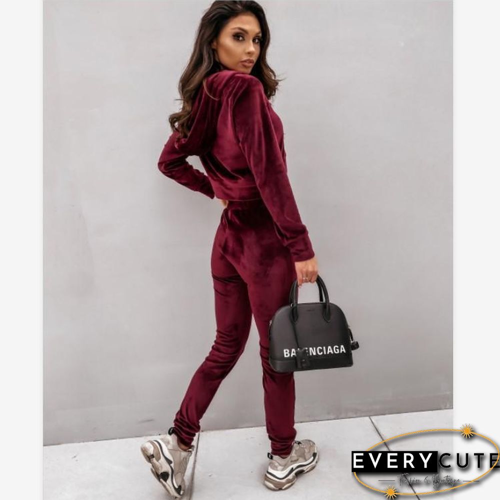 Wine-Red Women Velvet Fashion Hoodie&Pants Suit