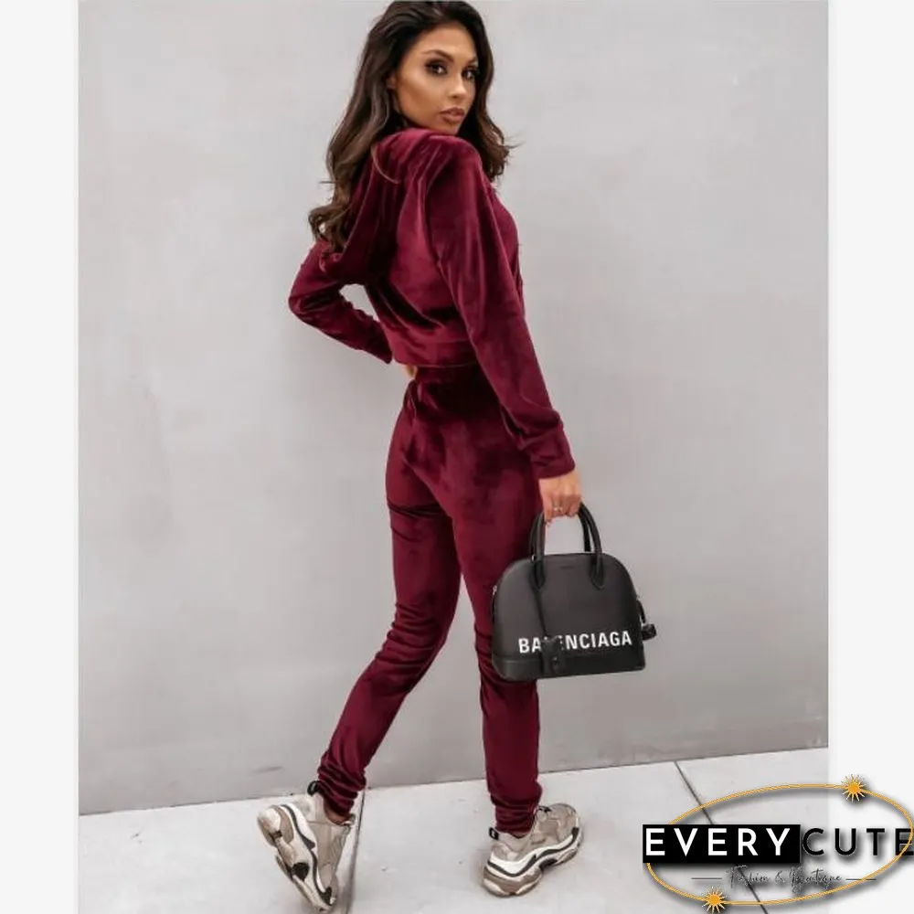 Wine-Red Women Velvet Fashion Hoodie&Pants Suit