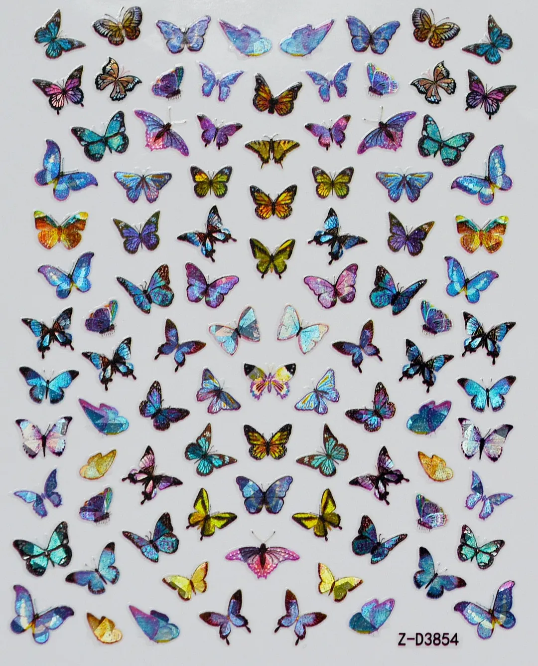1pc Holographic Blue Nail Stickers Pink Colorful Butterfly Art Sticker With Adhesive DIY Extension Flowers Rose Nail Decoration-Nail Inspo
