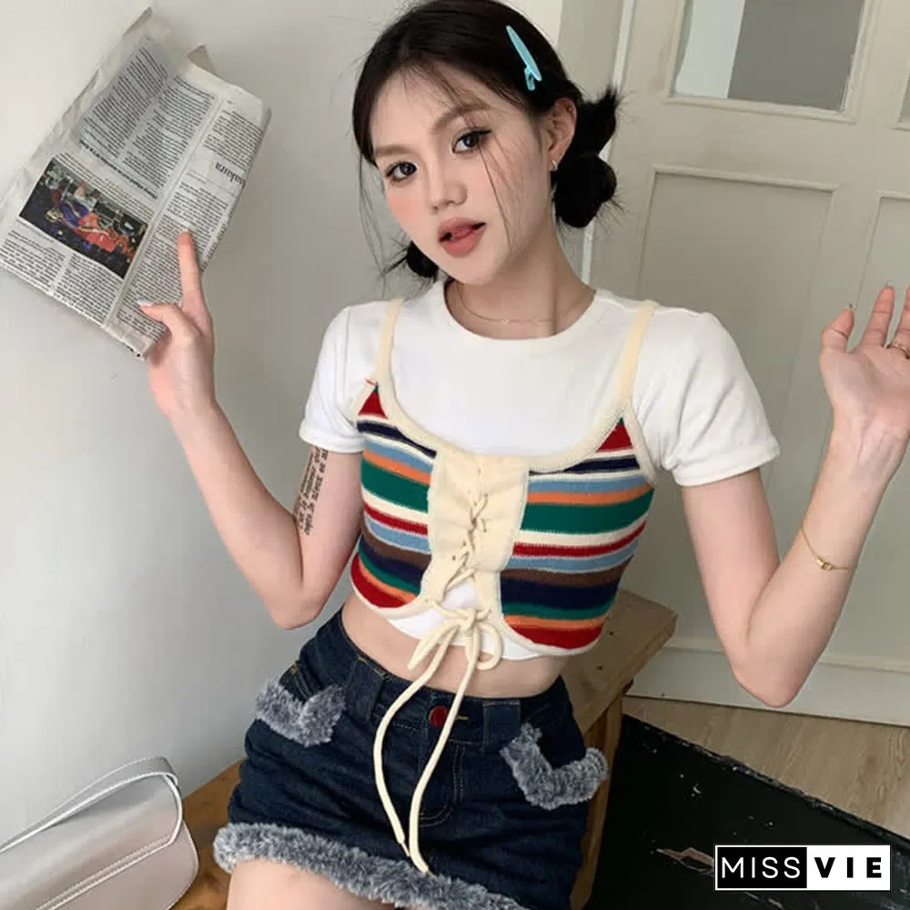 Colorblock Rainbow Stripe Print Lace Up Cami Crop Top