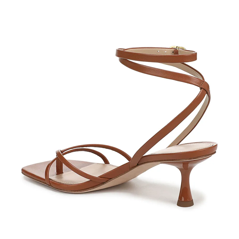Brown Vegan Leather Ankle Strap Open Toe Flared Heeled Sandals