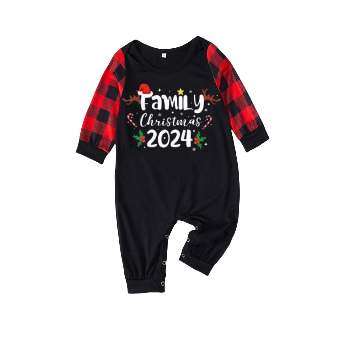 Christmas Pattern and "2024 Family Christmas" Text Print Black & Red Plaid Christmas Matching Pajamas