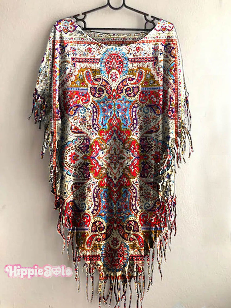 Women&rsquo;s Vintage Flower Pattern Art Print Punk Hippie Batwing Tussle Fringes Poncho Dress