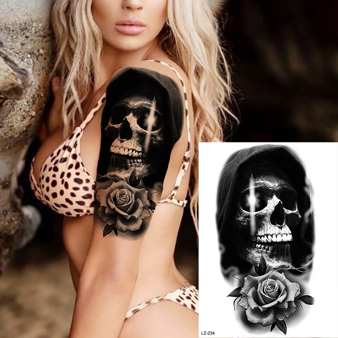 Sdrawing Cuttlefish Skeletion Scary Temporary Tattoos For Men Women Pirate Tiger Skull Totem Fake Tattoo Sticker Tatoos Octopus