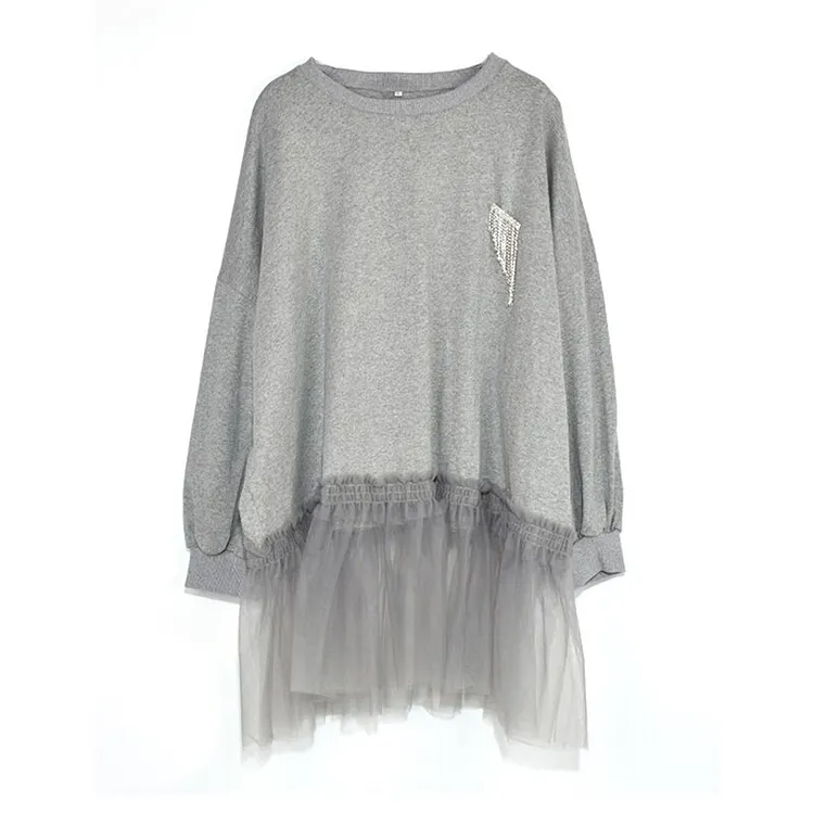 Urban Loose O-neck Hot Diamonds Decor Splicing Mesh Yarn Long Sleeve Sweatshirt 