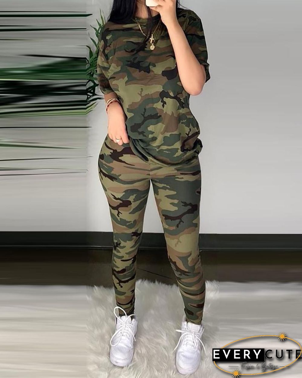Camouflage Half Sleeve Top & Fitted Pants Set