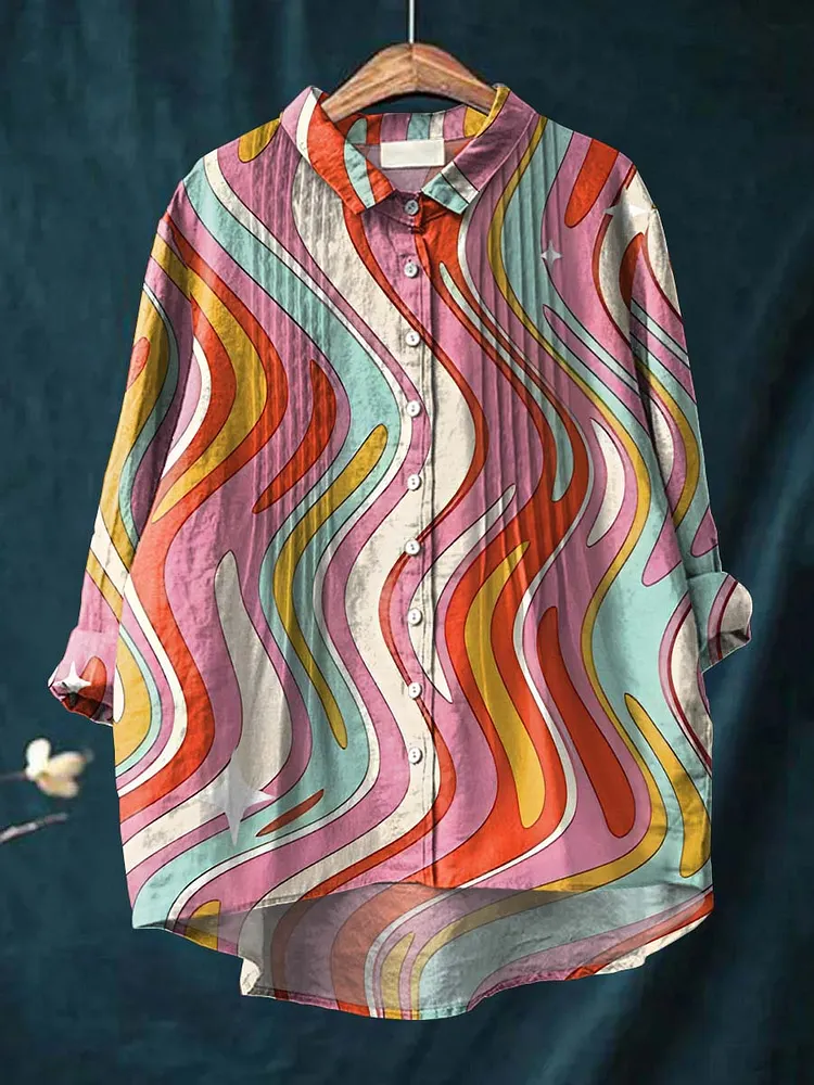Women's Colorful Artistic Abstract Lines Print Casual Cotton And Linen Ruffle Shirt