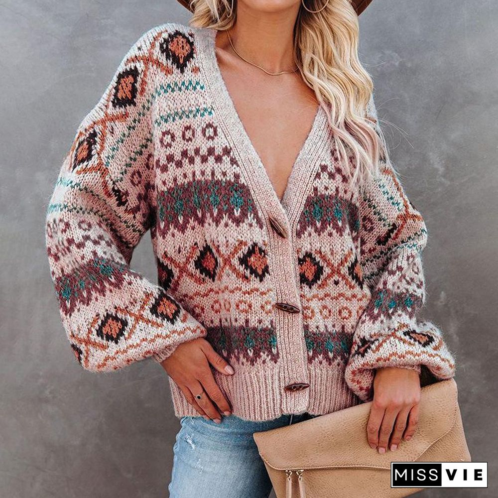 V Neck Chic Pattern Sweater Outerwear