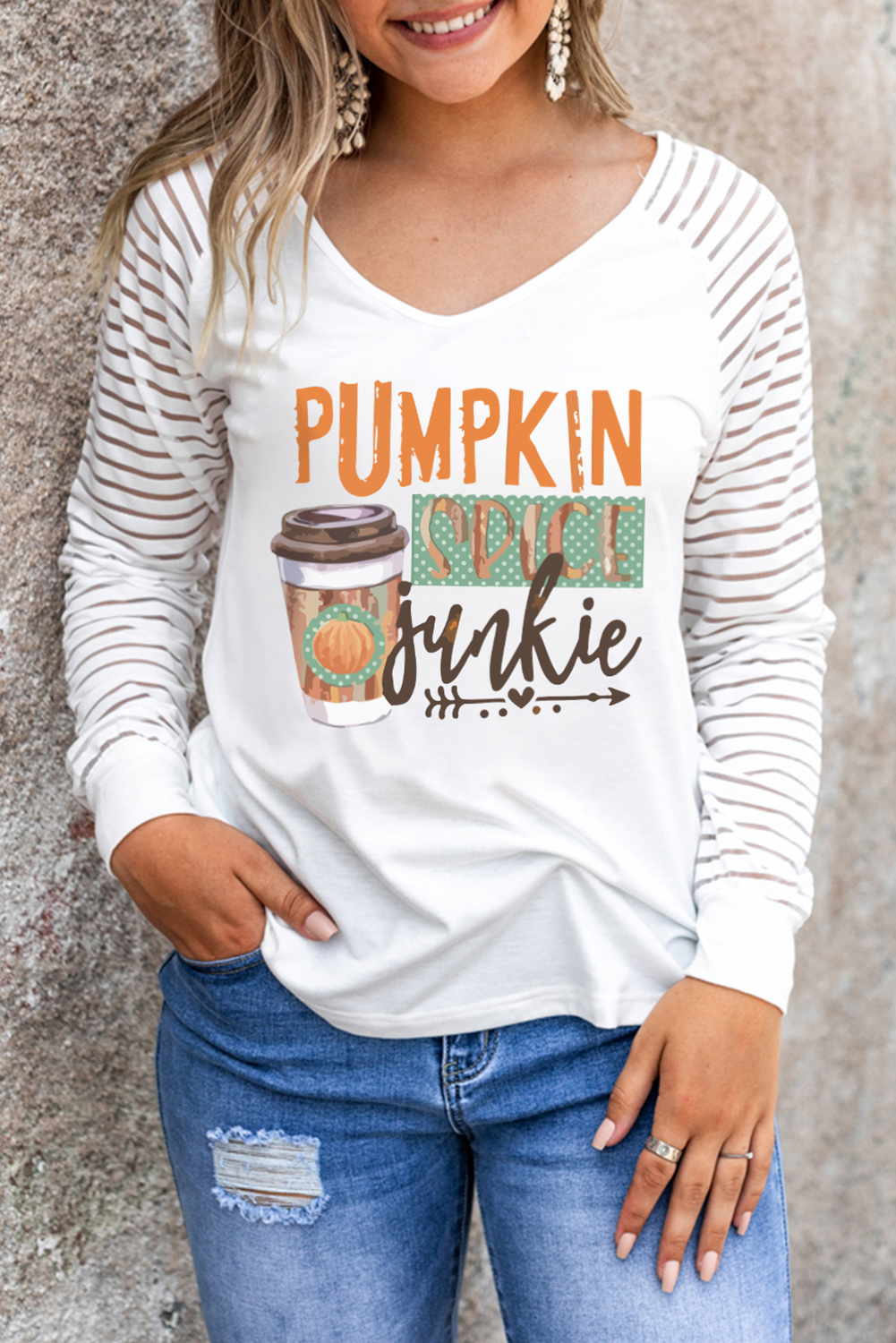 White Pumpkin Spice Junkie Graphic Print Sheer Stripe Long Sleeve Top