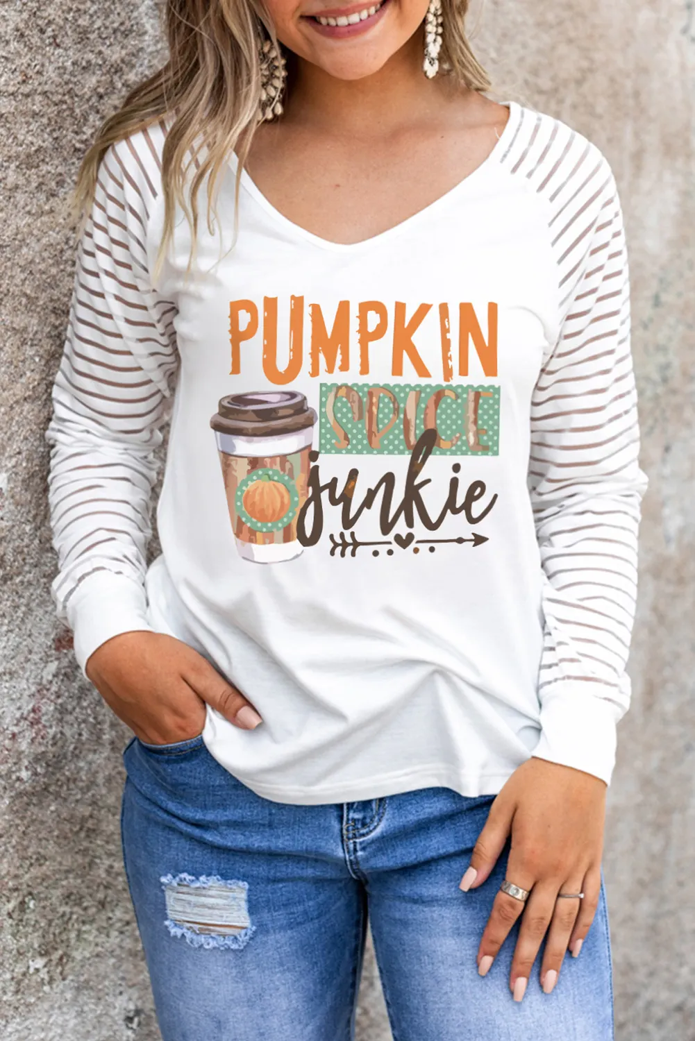 White Pumpkin Spice Junkie Graphic Print Sheer Stripe Long Sleeve Top