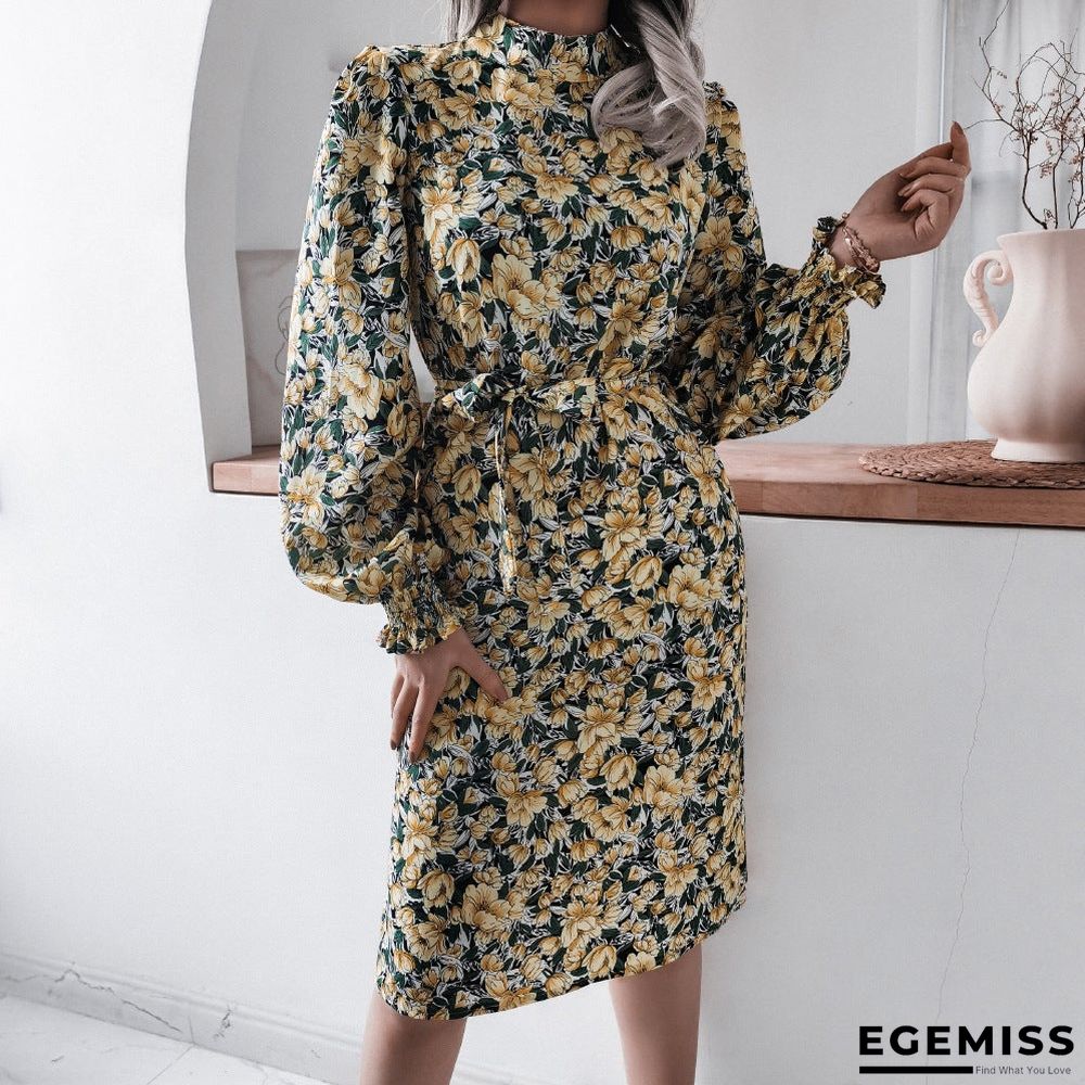 Floral Stand Collar Lantern Long Sleeve Chiffon Dress | EGEMISS