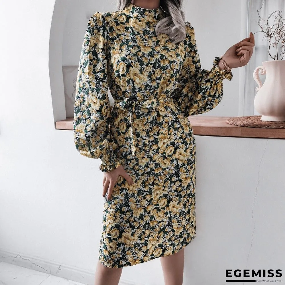 Floral Stand Collar Lantern Long Sleeve Chiffon Dress | EGEMISS
