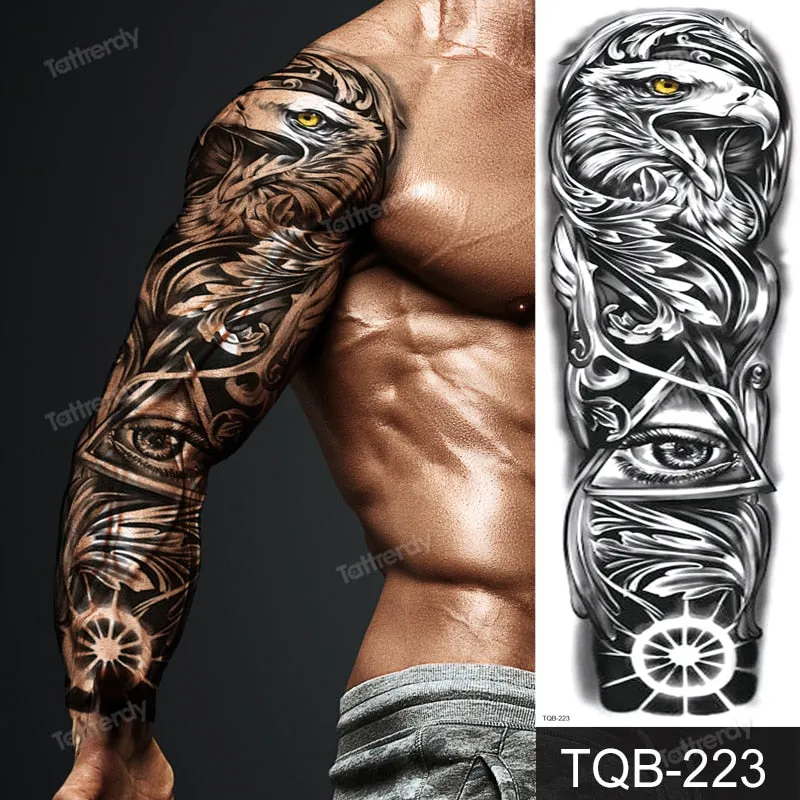 skull sleeve tattoo designs large full arm temporary tattoos for men boy tatoo fake waterproof tiger totem lion dragon pattern