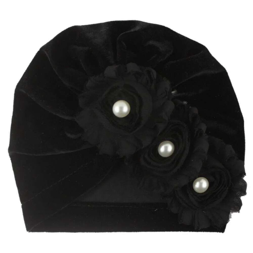 2019 Baby Accessories Newborn Infant Kids Baby Boy Girl Indian Turban Twist Knot Velvet Beanie Hat Pearl Flower Solid Soft Cap