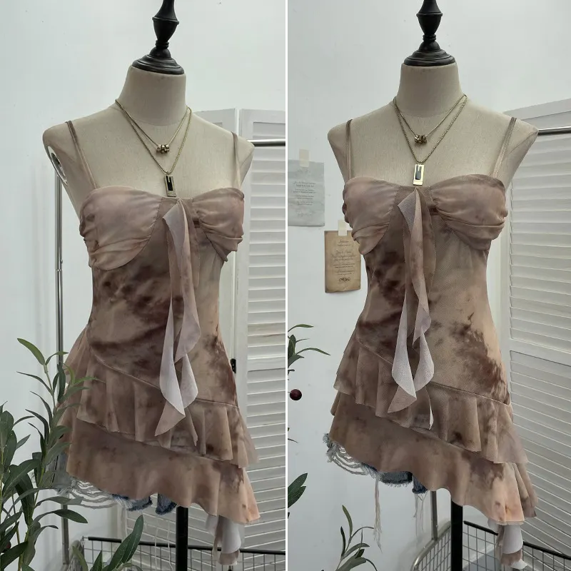 Churchf Real Shooting 2025 Spring And Summer New With Chest Cushions Dyed Mesh Sling Sling Vest Irregular Lotus Leaf Side Top 1139