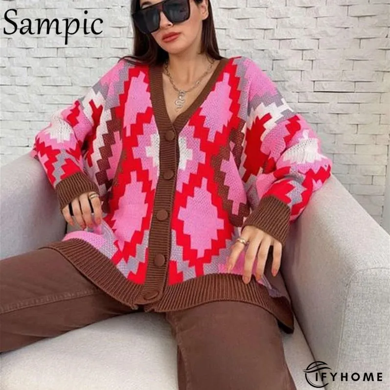 Christmas Gift Sampic Loose Patchwork Knitwear Winter Women Cardigans Tops Oversized Long Sleeve Y2K V Neck Sweater Casual Fashion Tops | IFYHOME