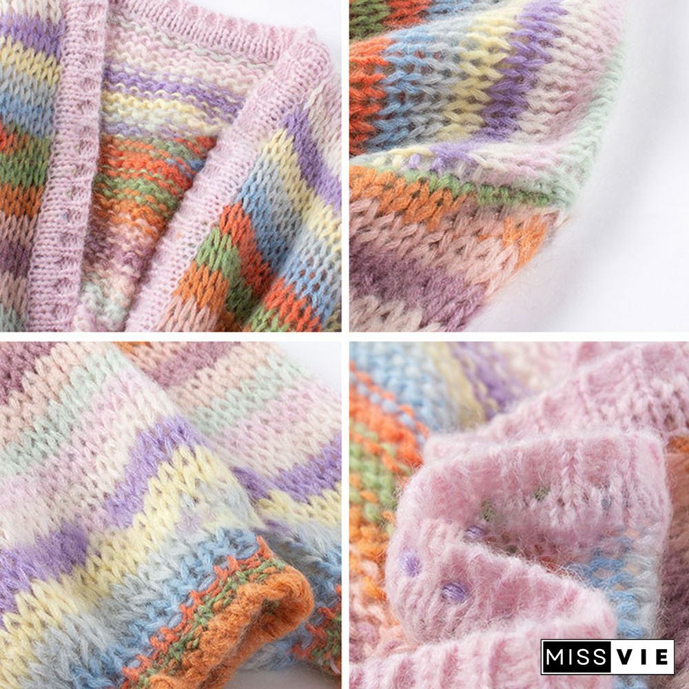 Colorblock Stripe Rainbow Knit Cardigan Sweater