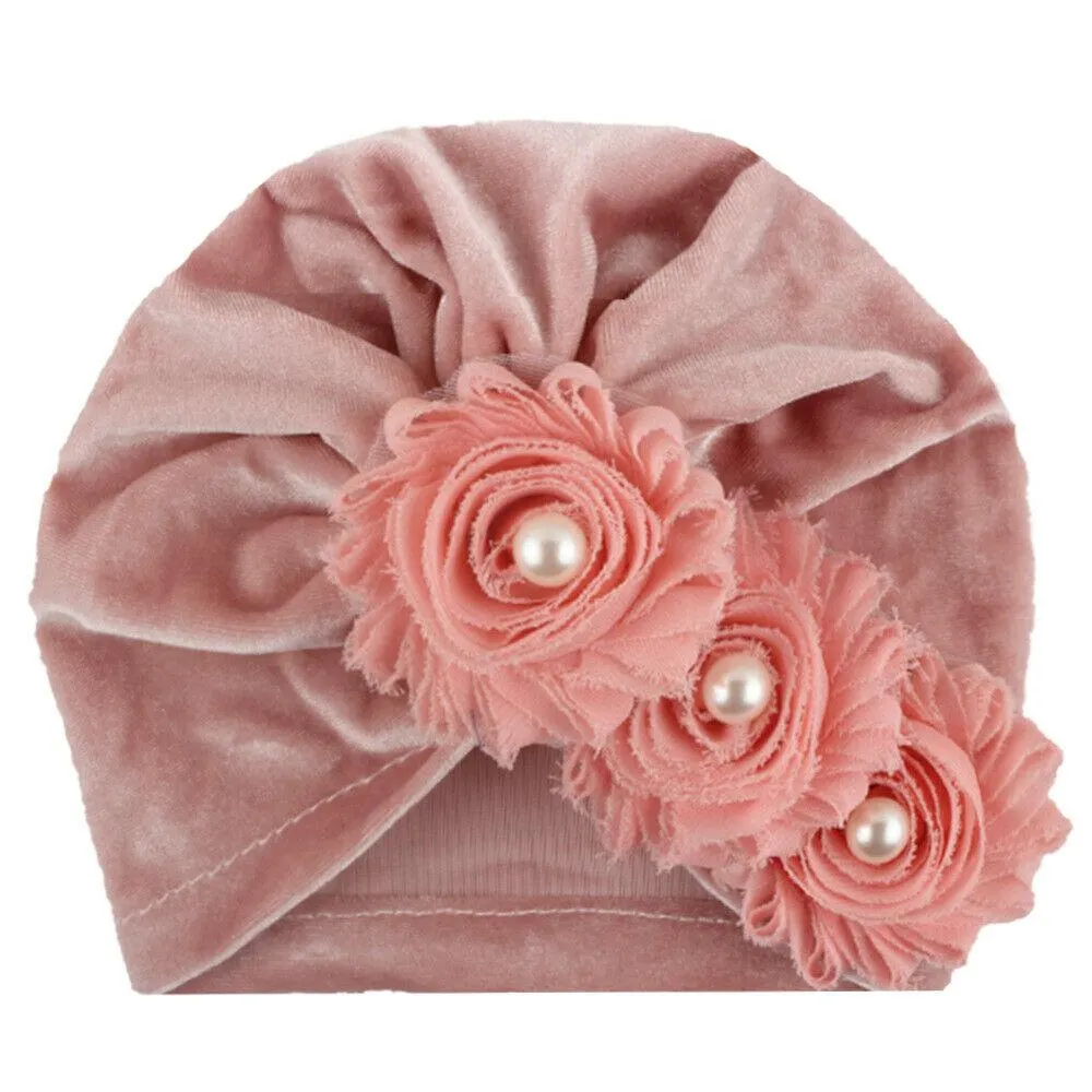 2019 Baby Accessories Newborn Infant Kids Baby Boy Girl Indian Turban Twist Knot Velvet Beanie Hat Pearl Flower Solid Soft Cap