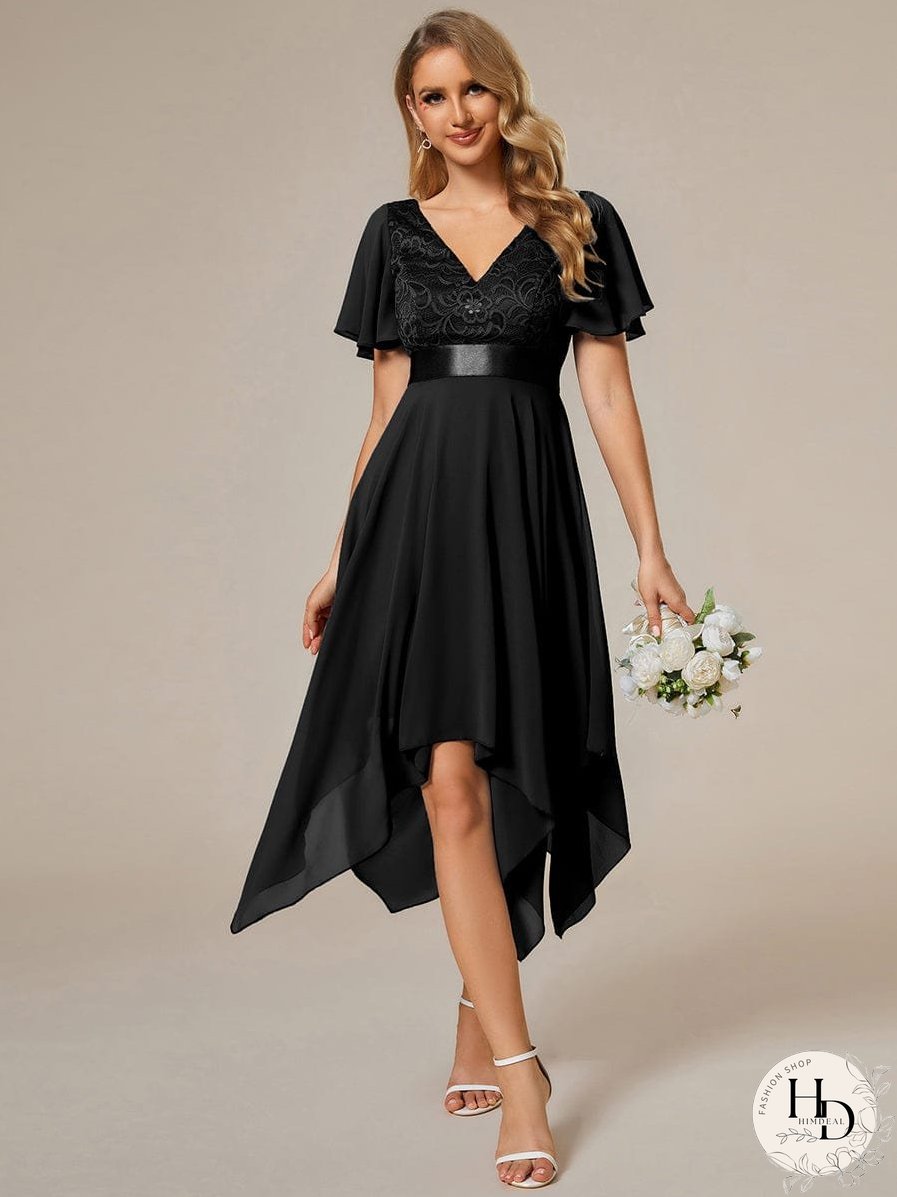 V-Neck Asymmetrical Dress with Short Sleeves