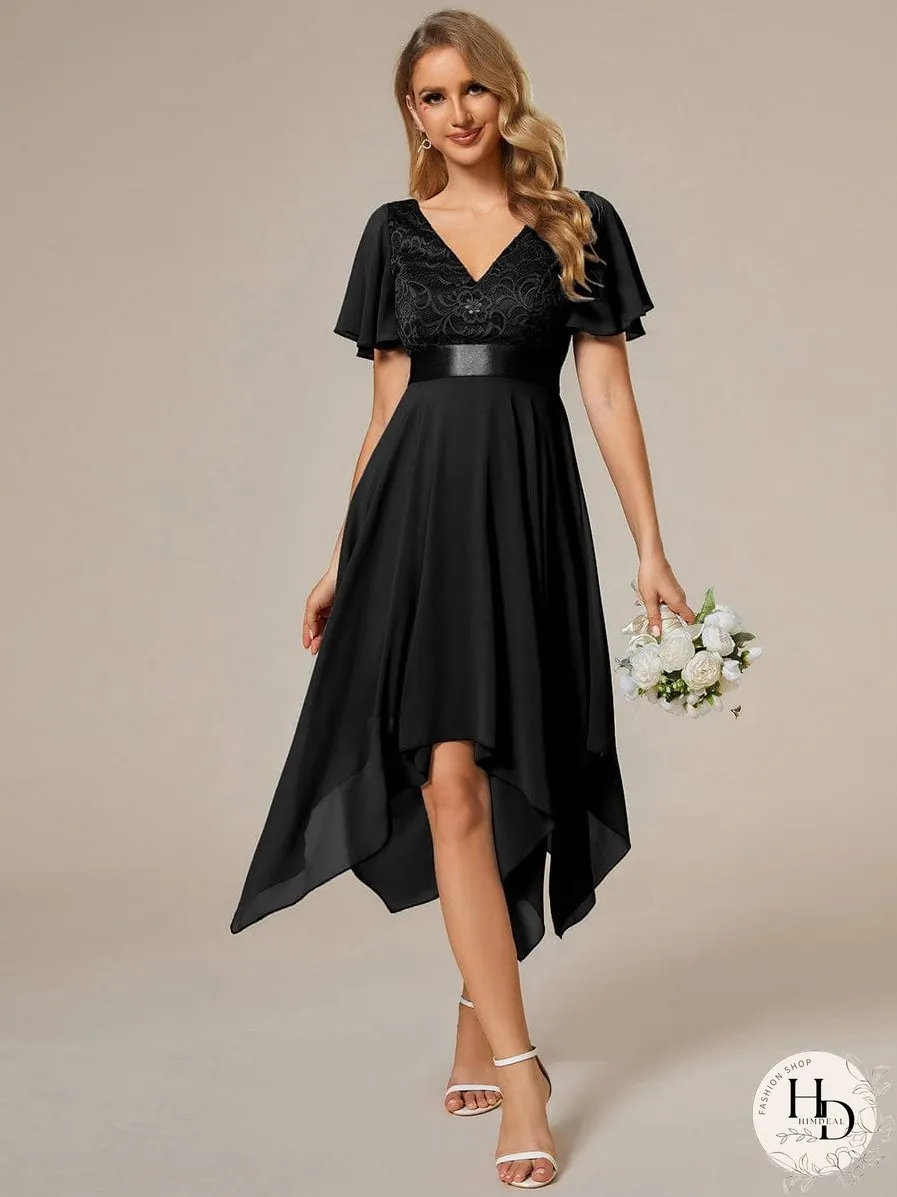V-Neck Asymmetrical Dress with Short Sleeves