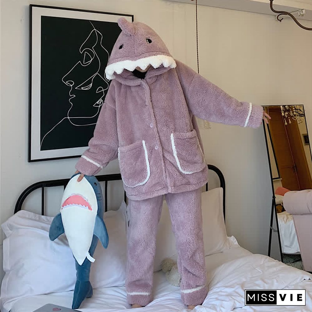 Lovely Cartoon Shark Plush Hooded Pajamas Set