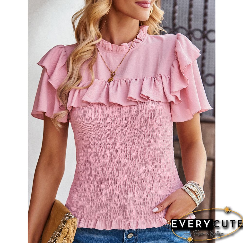 Pink Drawstring Ruffle Short Sleeve Pleated Blouse